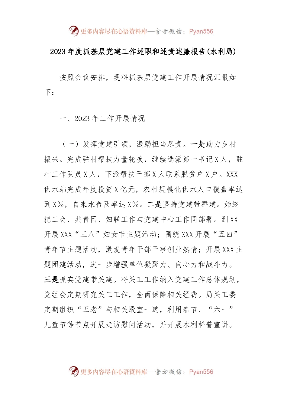 2023年度抓基层党建工作述职和述责述廉报告(水利局).docx_第1页