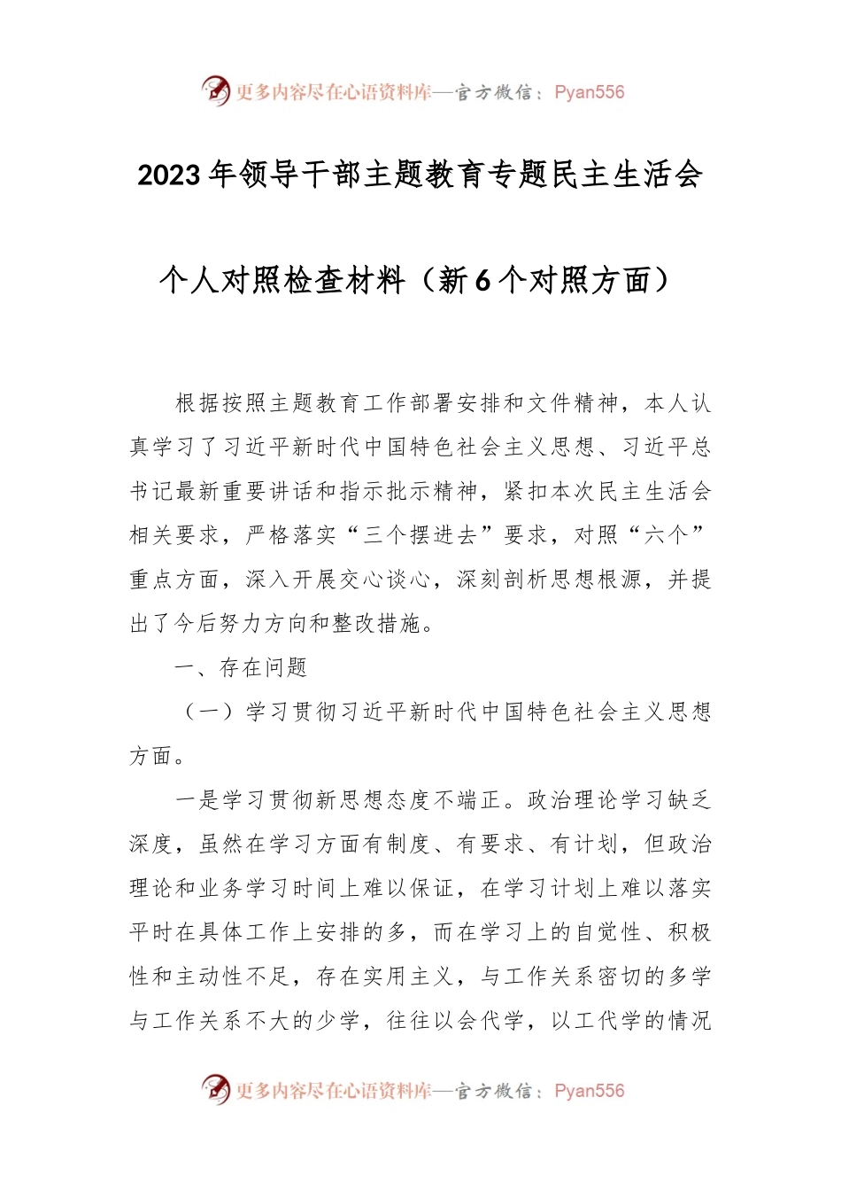 2023年领导干部主题教育专题民主生活会个人对照检查材料（新6个对照方面）.docx_第1页