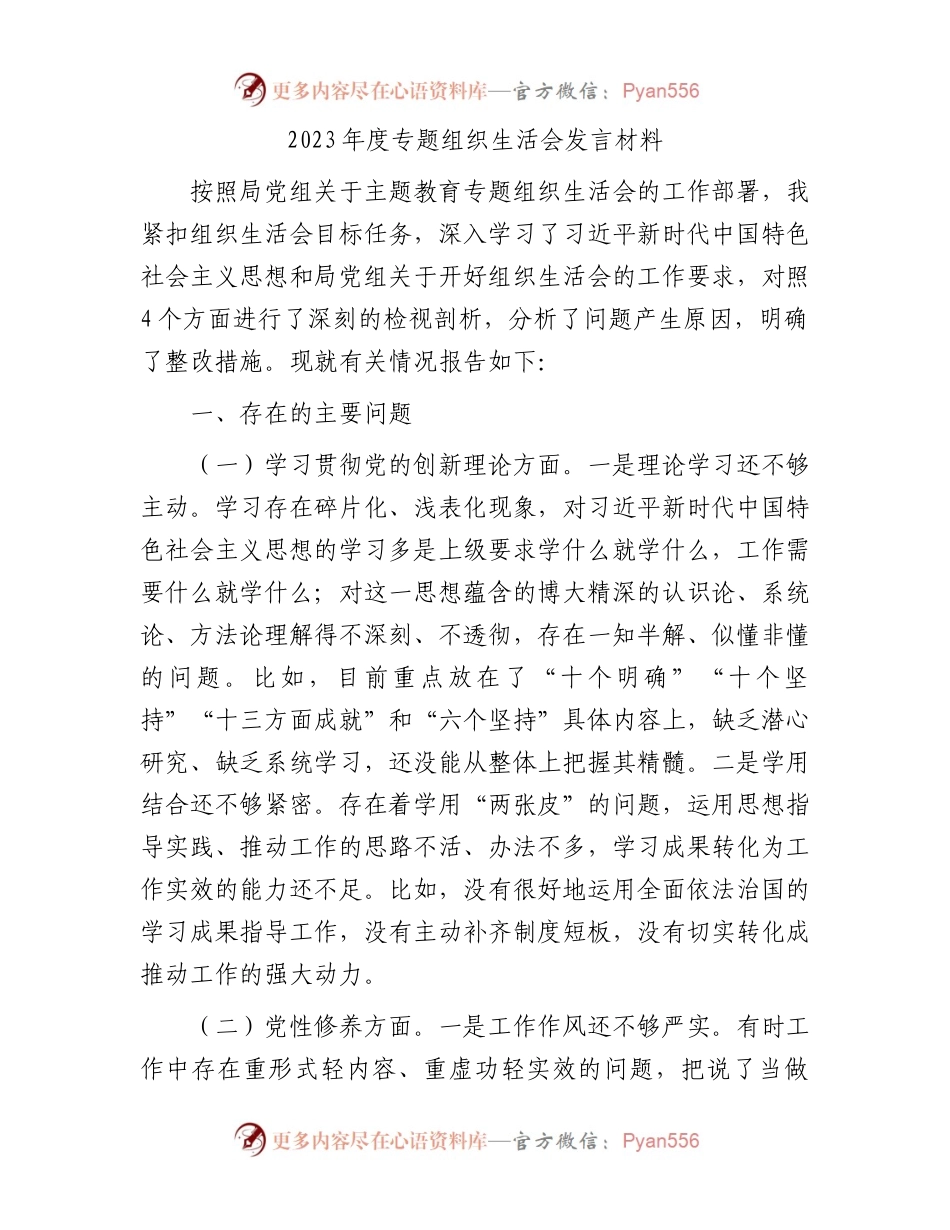 2023年度专题组织生活会发言材料.docx_第1页