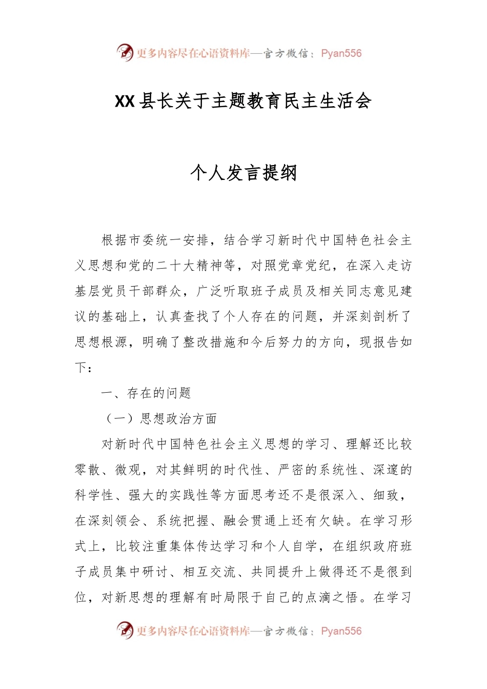 XX县长关于主题教育民主生活会个人发言提纲.docx_第1页