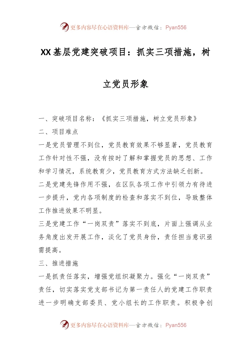 XX基层党建突破项目：抓实三项措施，树立党员形象.docx_第1页