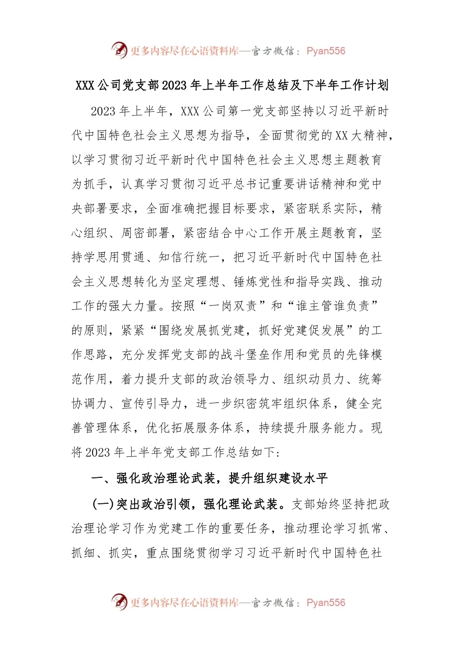 XXX公司党支部2023年上半年工作总结及下半年工作计划.docx_第1页