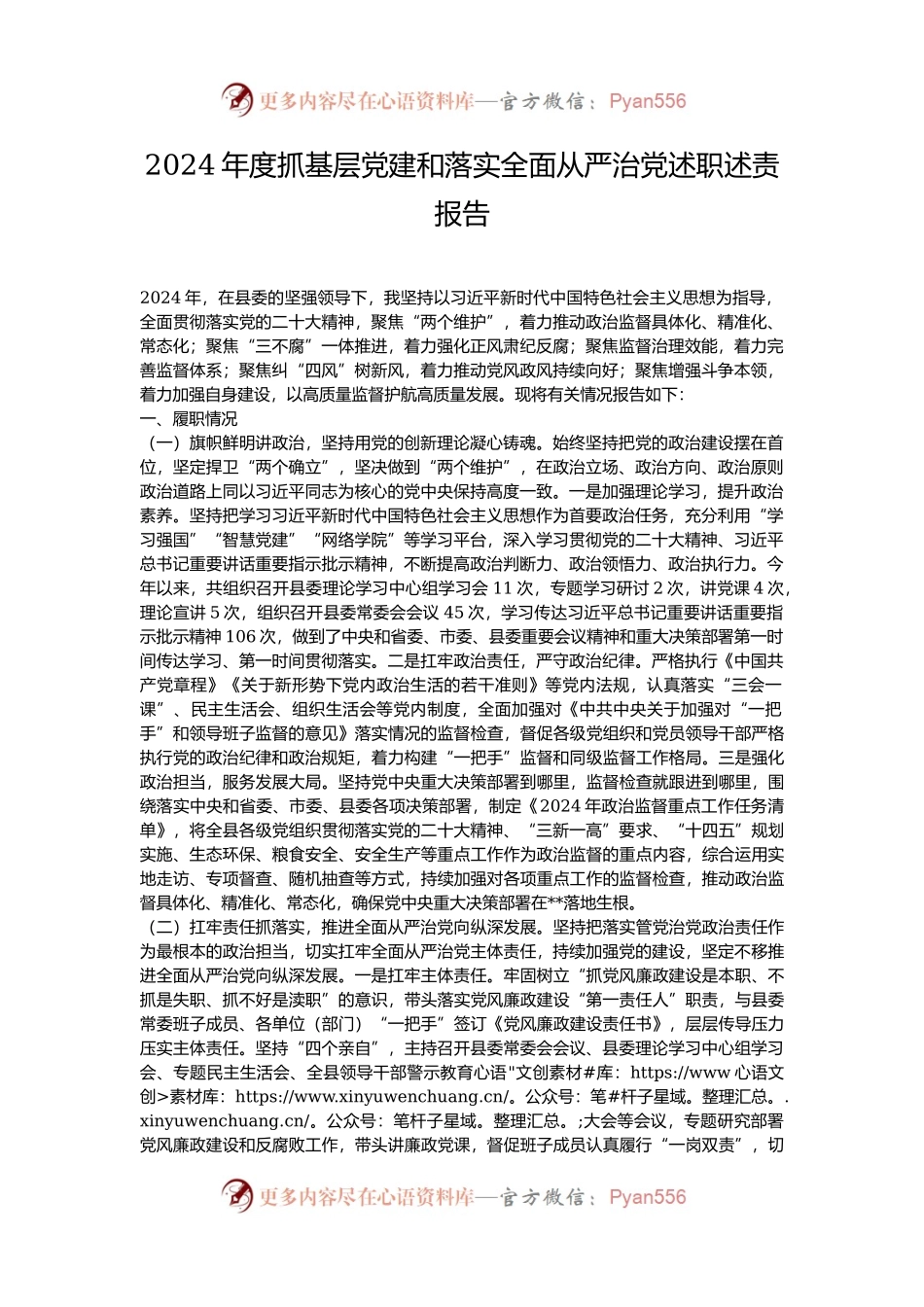 2024年度抓基层党建和落实全面从严治党述职述责报告.docx_第1页