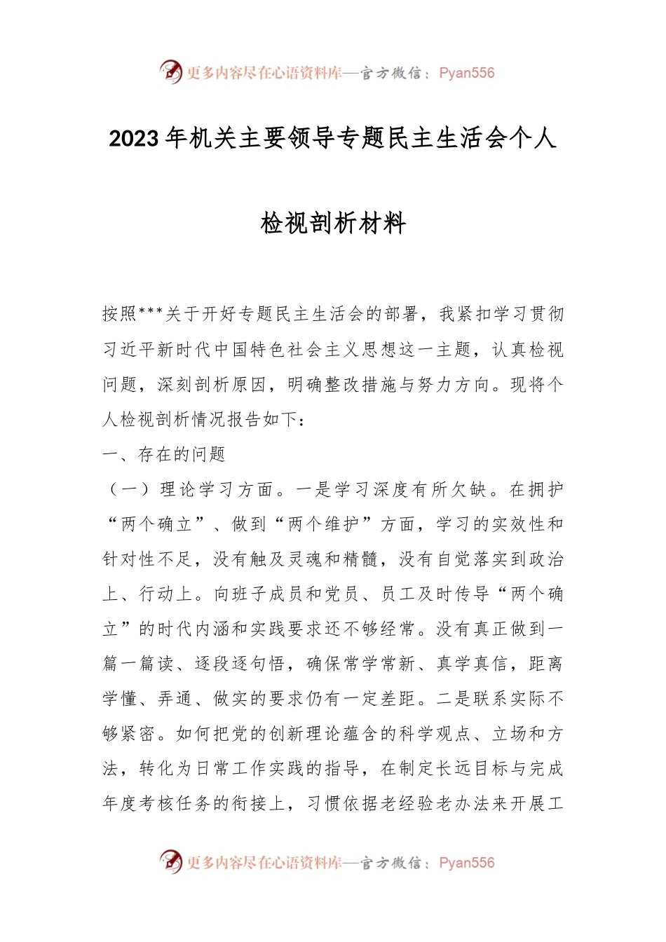 2023年机关主要领导专题民主生活会个人检视剖析材料.docx_第1页