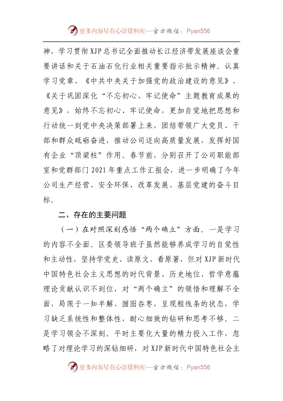 87班子2021年度民主生活会领导班子对照检查材料[公司企业].docx_第2页