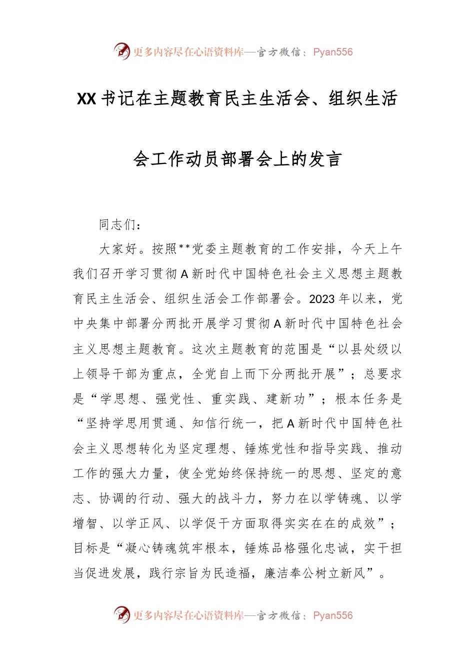 XX书记在主题教育民主生活会、组织生活会工作动员部署会上的发言.docx_第1页