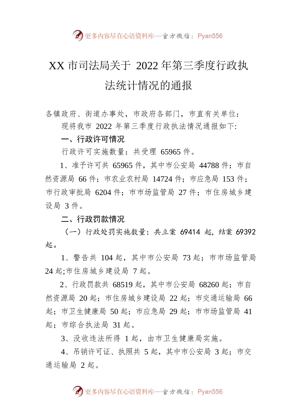 XX市司法局关于2022年第三季度行政执法统计情况的通报（20221102）.docx_第1页