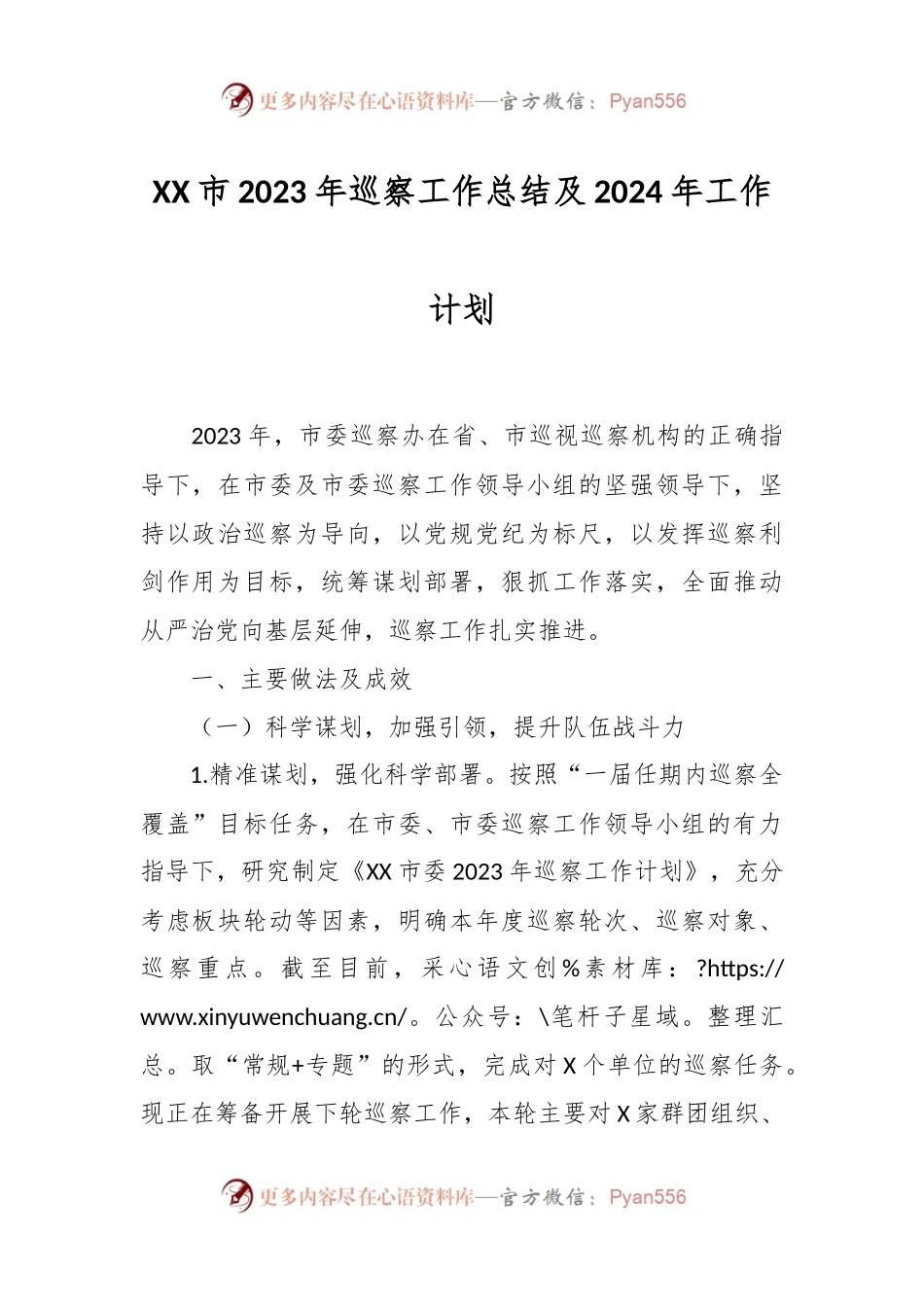 XX市2023年巡察工作总结及2024年工作计划.docx_第1页