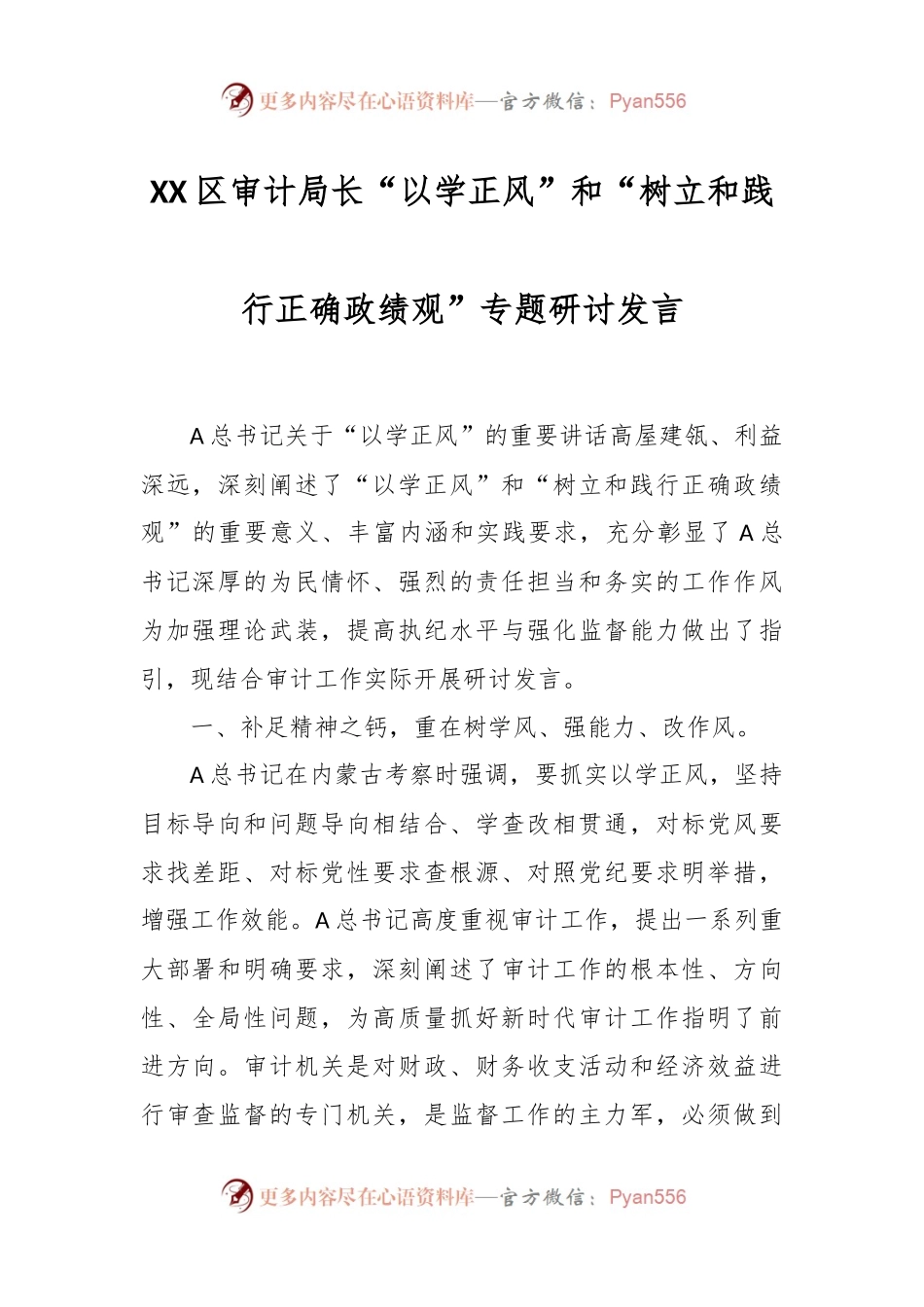 XX区审计局长“以学正风”和“树立和践行正确政绩观”专题研讨发言.docx_第1页
