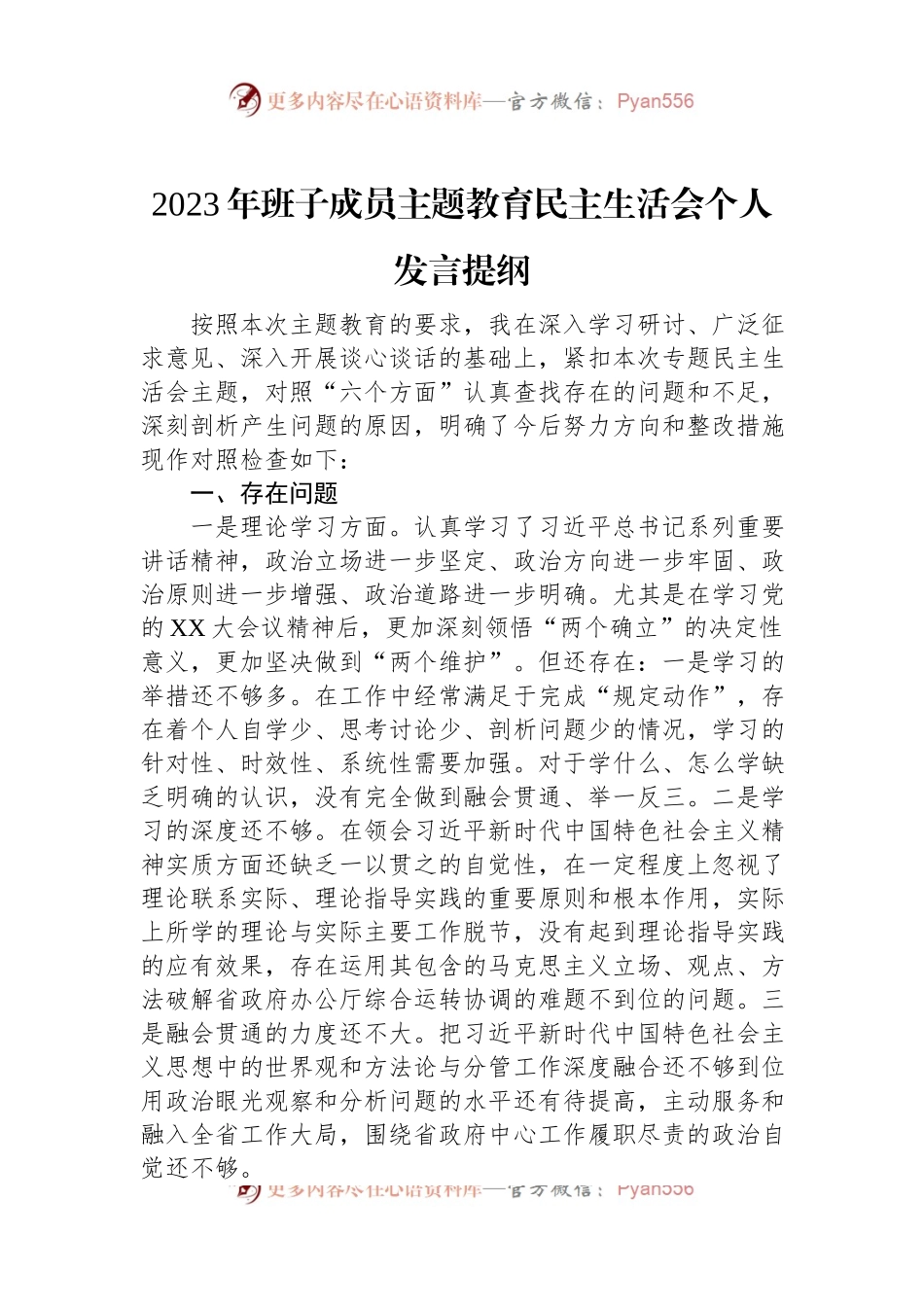 2023年班子成员主题教育民主生活会个人发言提纲.docx_第1页