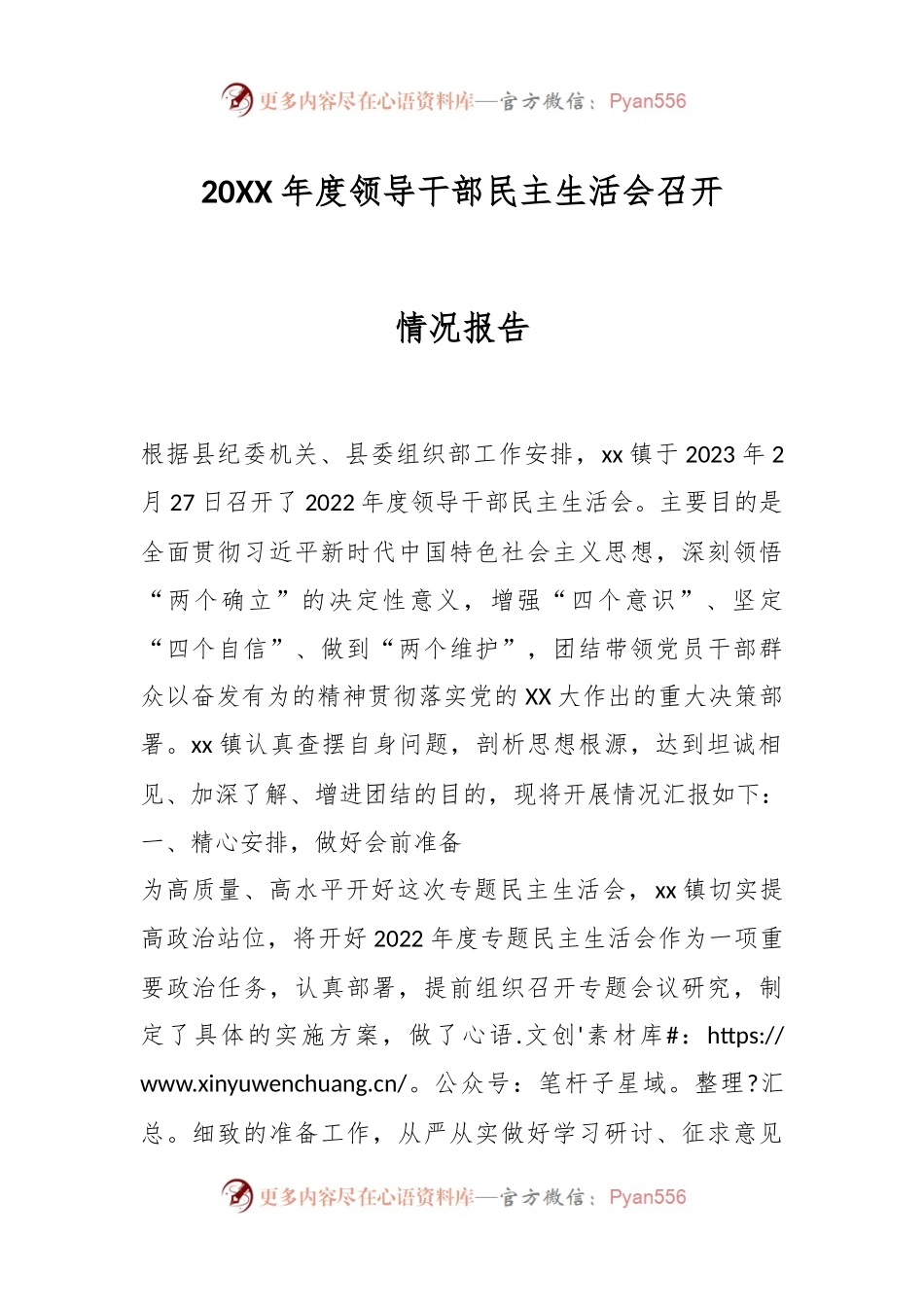 20XX年度领导干部民主生活会召开情况报告.docx_第1页