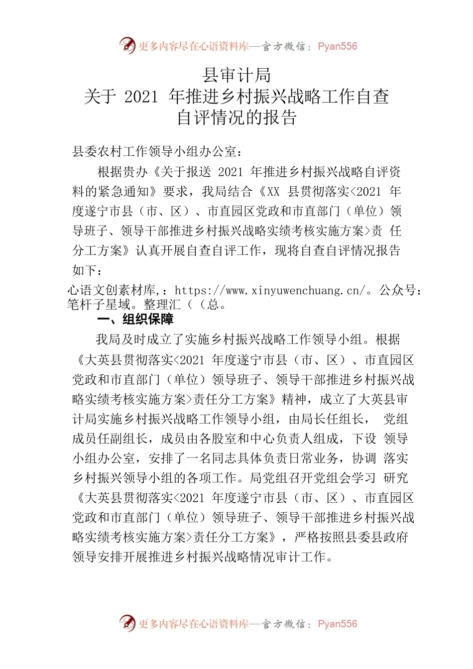 XX县审计局关于2021年推进乡村振兴战略工作自查自评情况的报告.docx_第1页