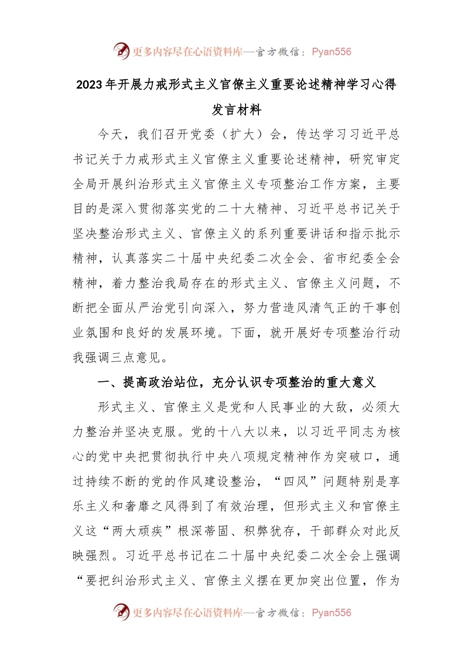 2023年开展力戒形式主义官僚主义重要论述精神学习心得发言材料.docx_第1页