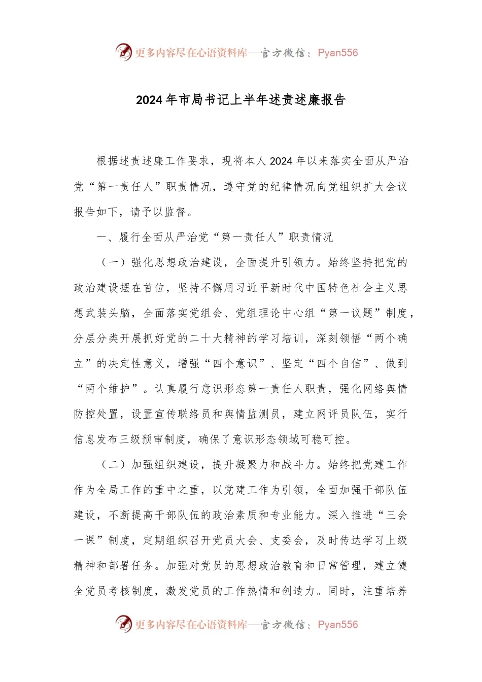2024年市局书记上半年述责述廉报告.docx_第1页