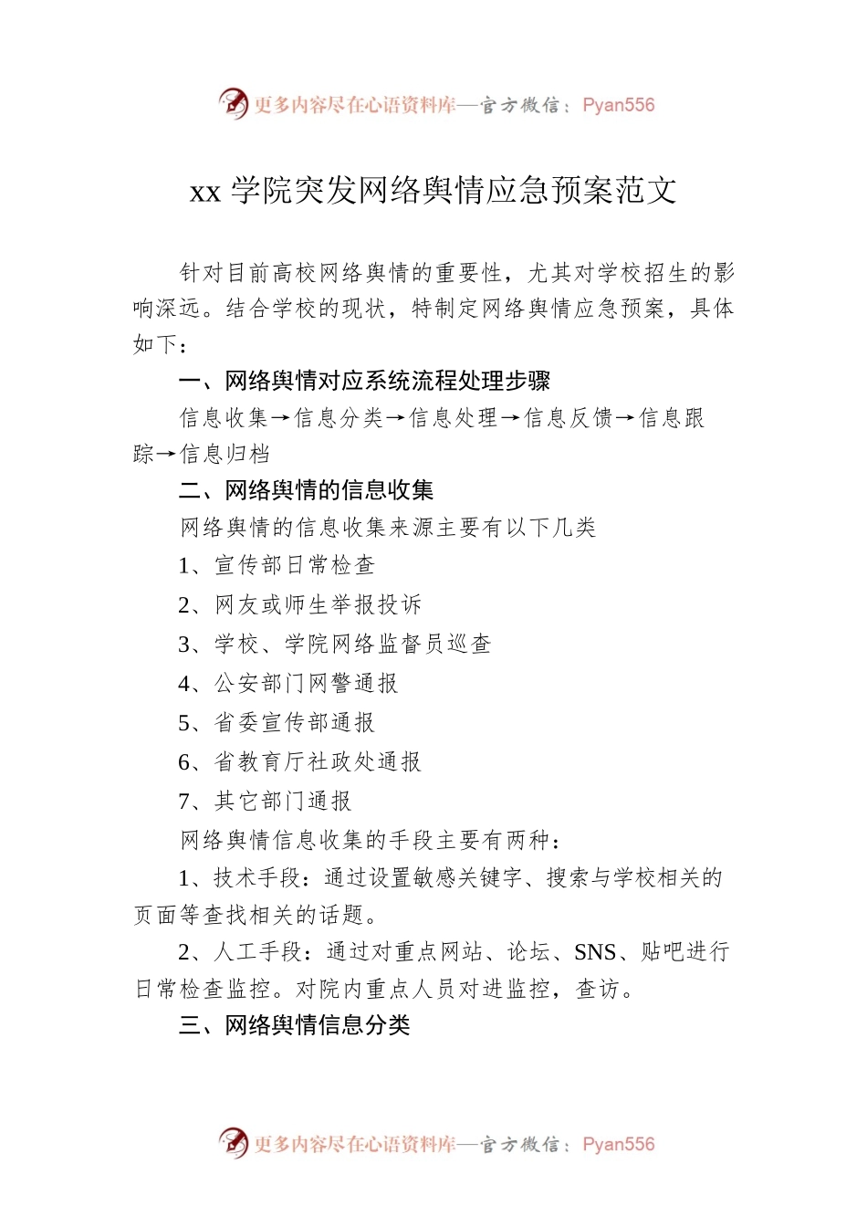 xx学院突发网络舆情应急预案范文.docx_第1页