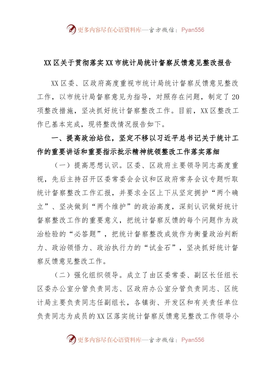 XX区关于贯彻落实XX市统计局统计督察反馈意见整改报告.docx_第1页
