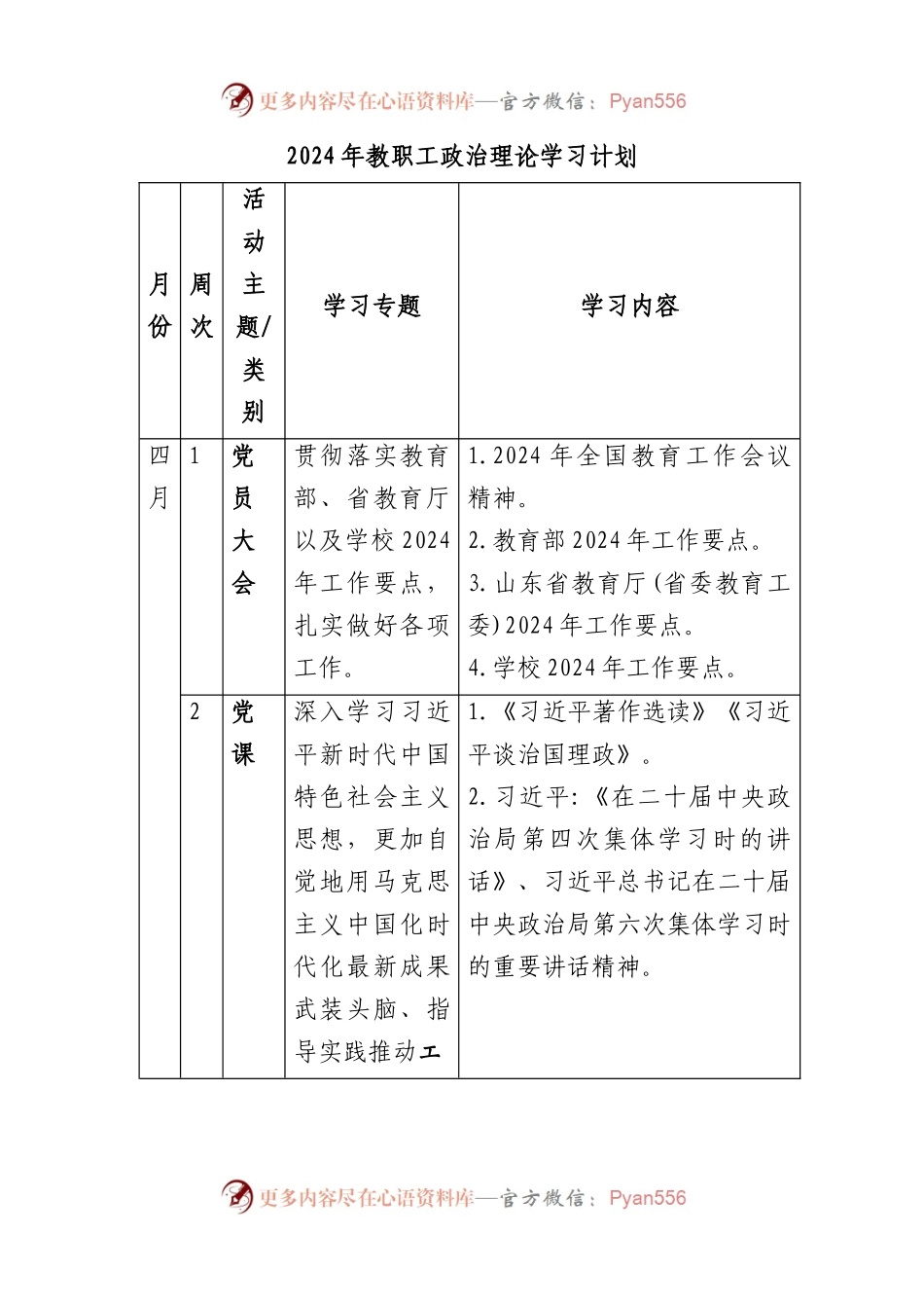 2024年学校教职工政治理论学习计划要点表.docx_第1页