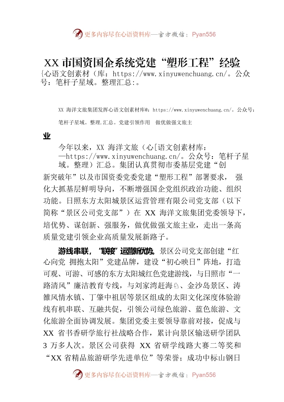 XX市国资国企系统党建“塑形工程”经验分享.docx_第1页