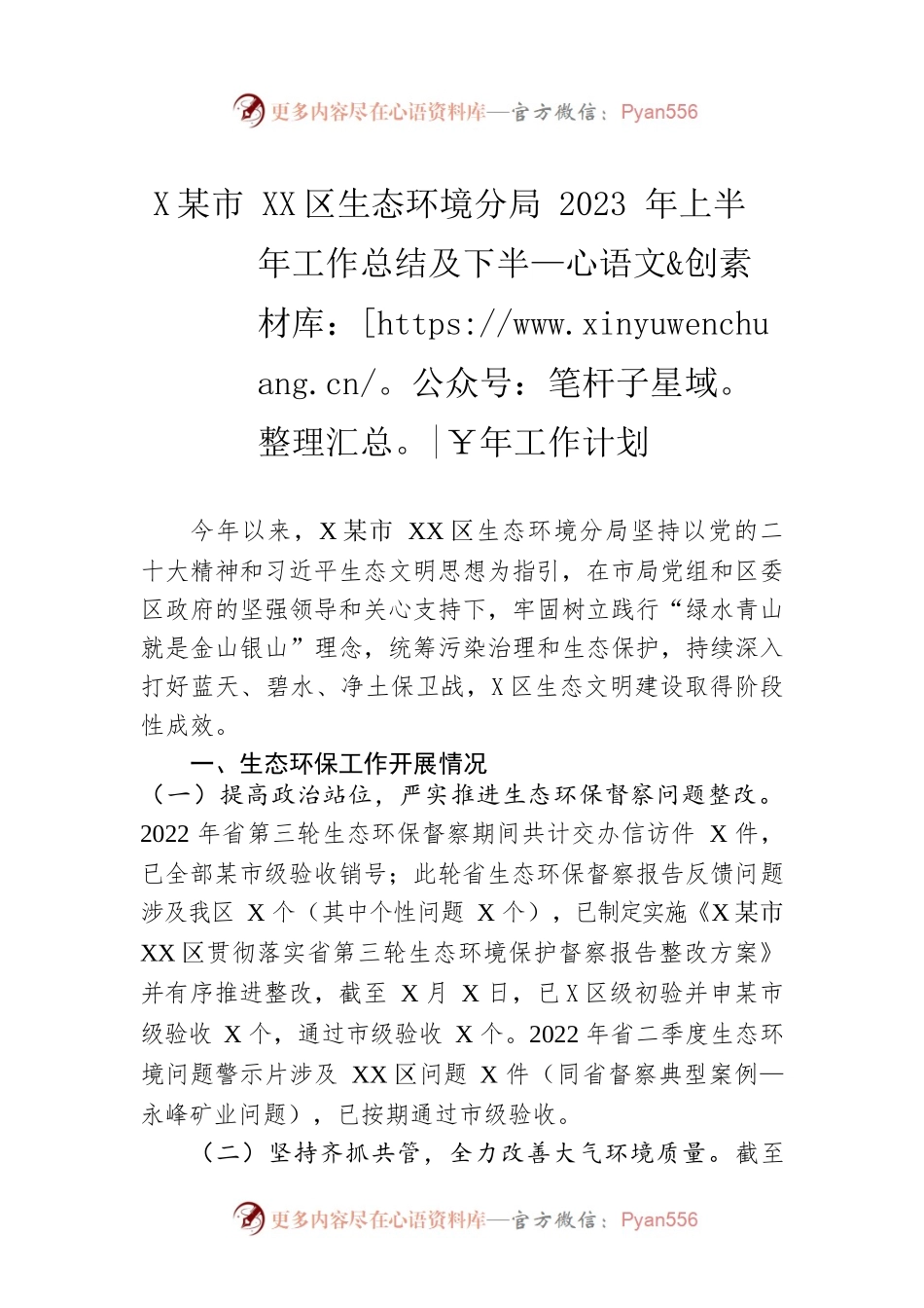 XX市XX区生态环境分局2023年上半年工作总结及下半年工作计划（20230626）.docx_第1页