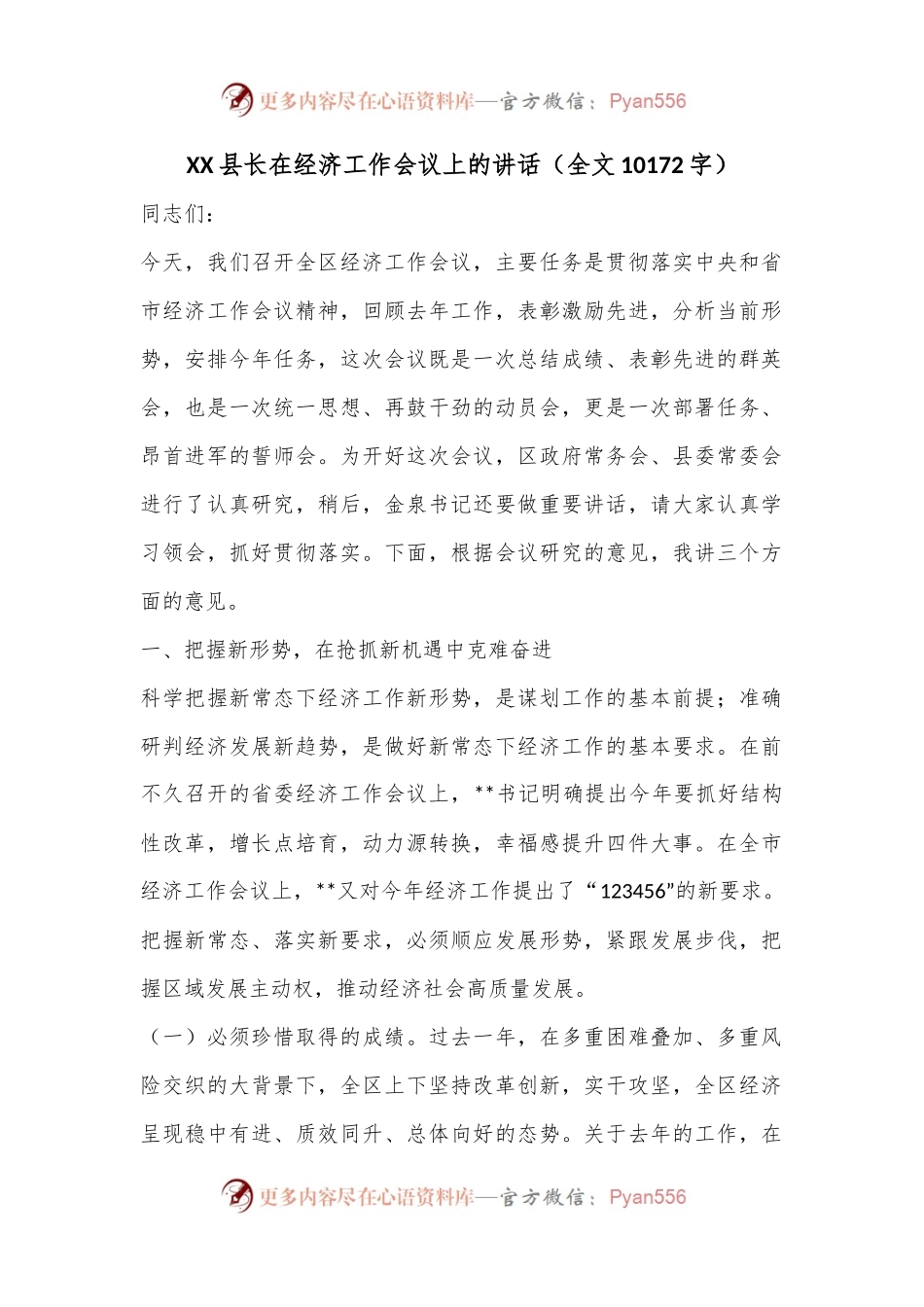 XX县长在经济工作会议上的讲话（全文10172字）.docx_第1页