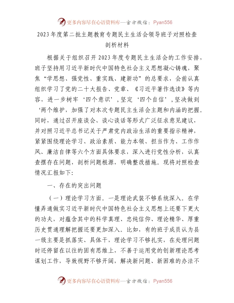 2023年度第二批主题教育专题民主生活会领导班子对照检查剖析材料.docx_第1页