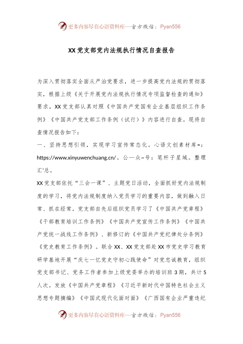 XX党支部党内法规执行情况自查报告.docx_第1页