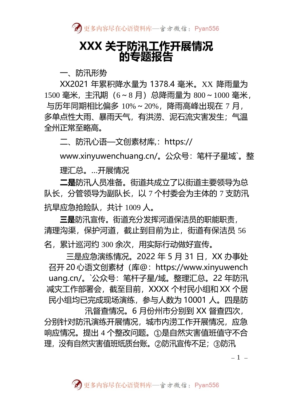 XXX关于防汛工作开展情况的专题报告.docx_第1页