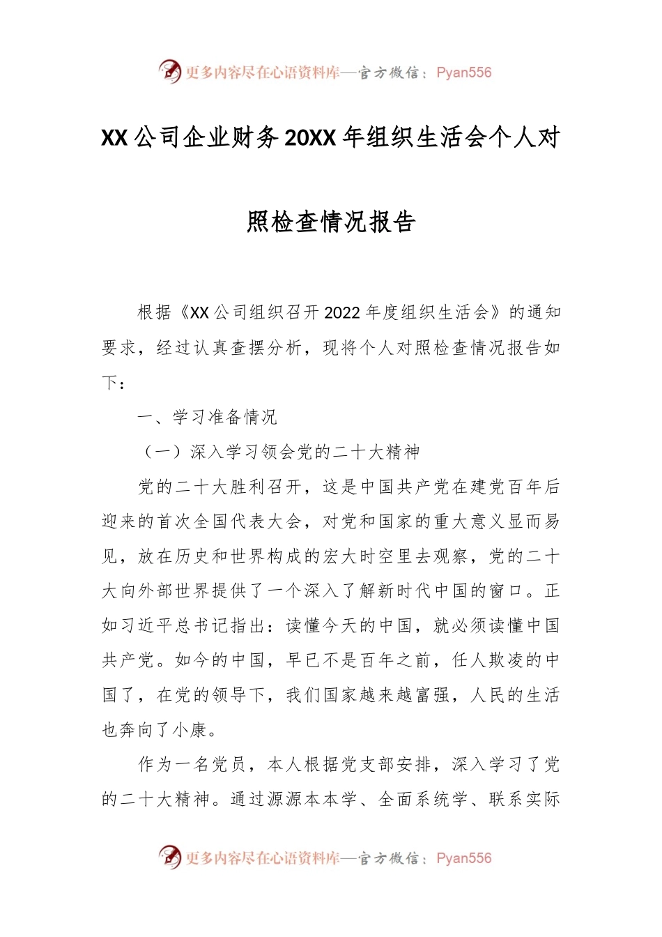 XX公司企业财务20XX年组织生活会个人对照检查情况报告.docx_第1页