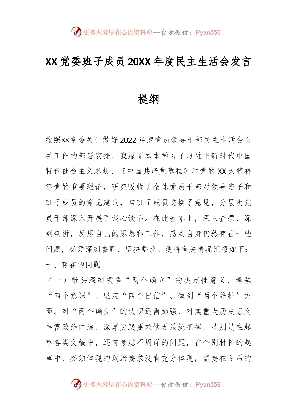XX党委班子成员20XX年度民主生活会发言提纲.docx_第1页
