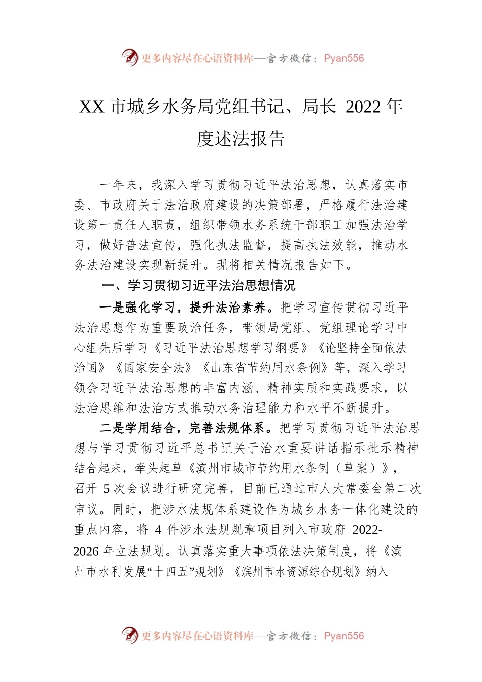 XX市城乡水务局党组书记、局长2022年度述法报告（20221115）.docx_第1页