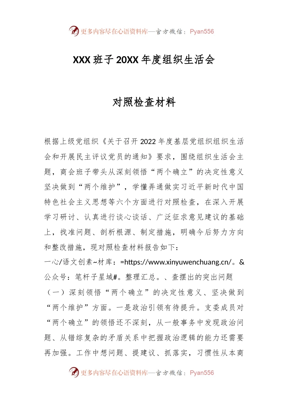 XXX班子20XX年度组织生活会对照检查材料.docx_第1页
