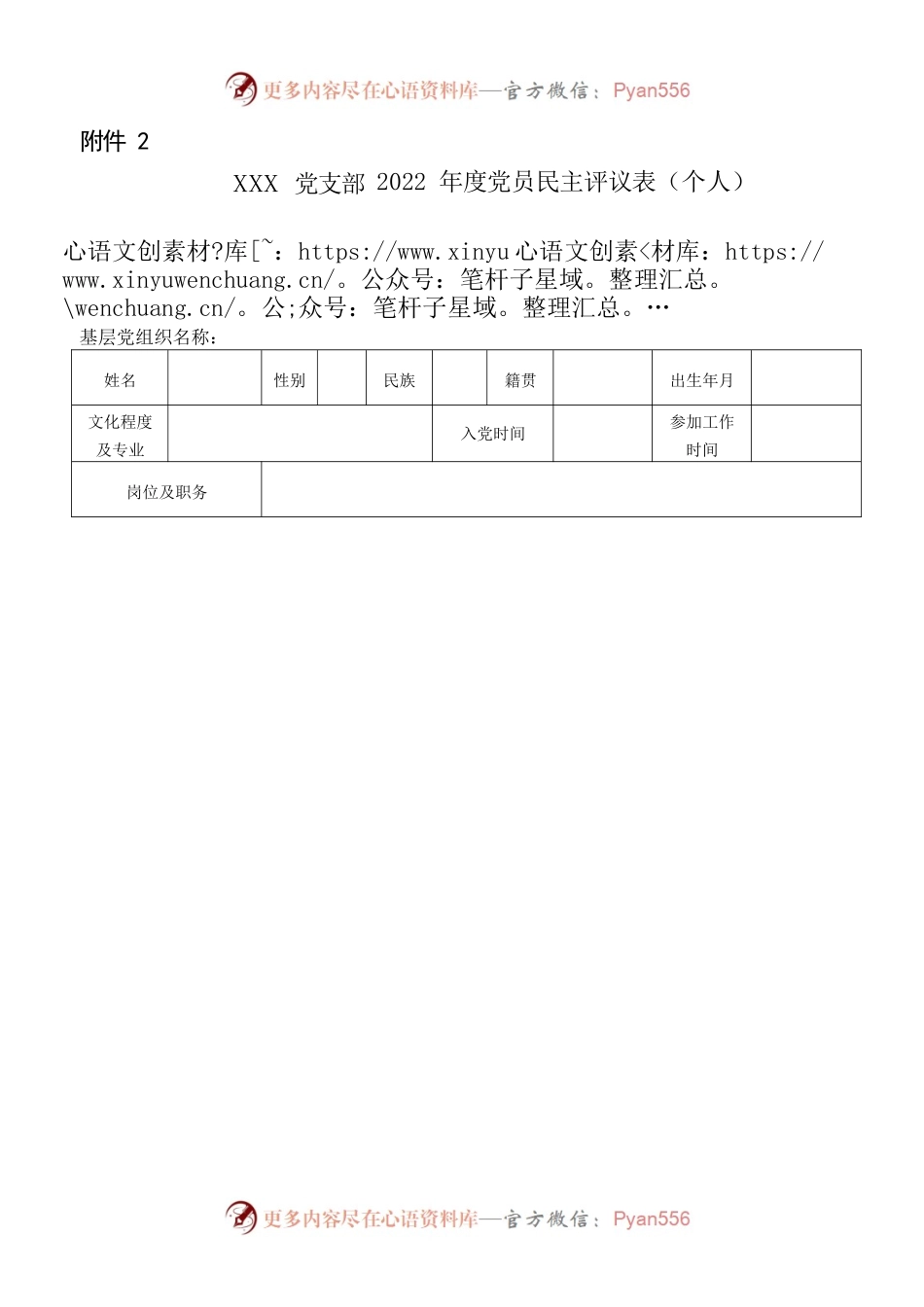 XXX党支部2022年度党员民主评议表.docx_第1页
