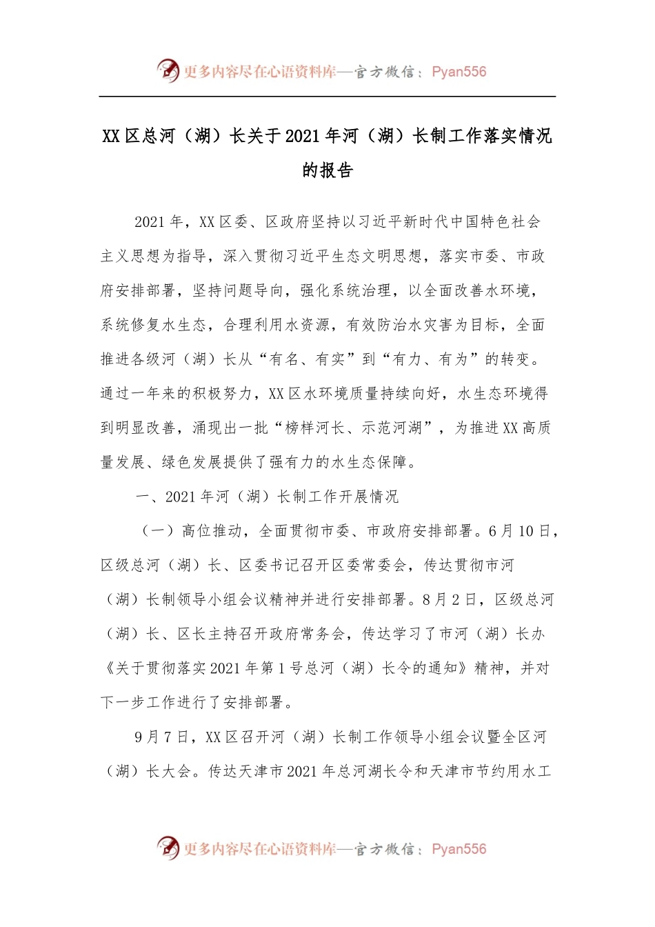 XX区总河[湖]长关于2021年河[湖]长制工作落实情况的报告.docx_第1页