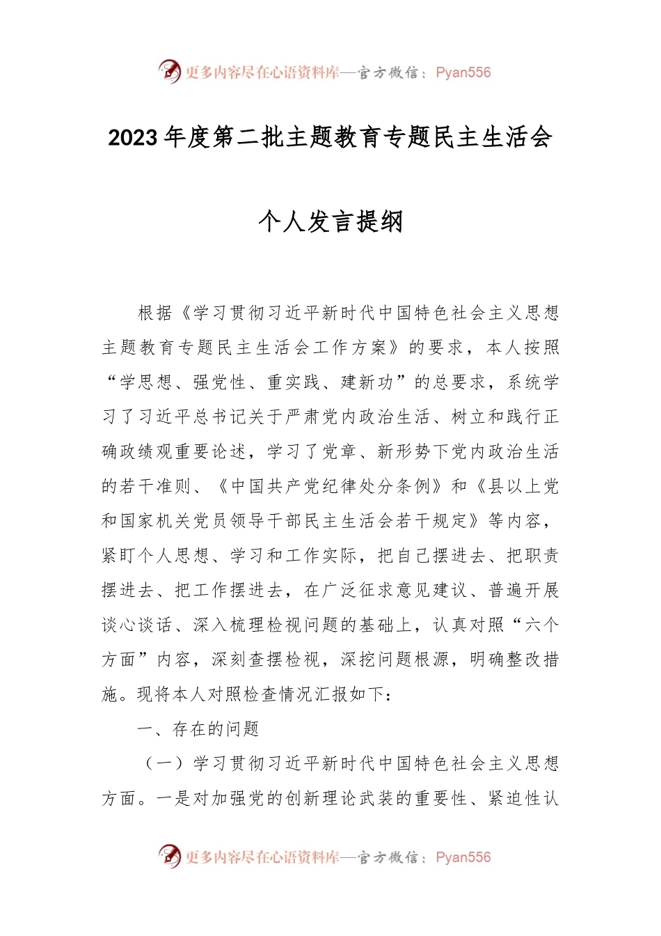2023年度第二批主题教育专题民主生活会个人发言稿提纲.docx_第1页