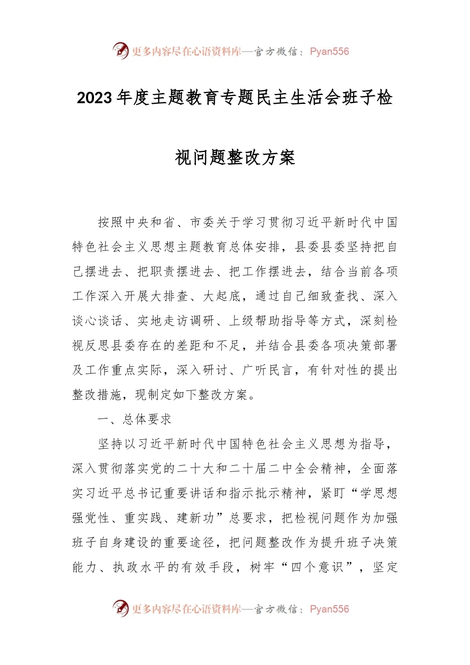 2023年度主题教育专题民主生活会班子检视问题整改方案.docx_第1页