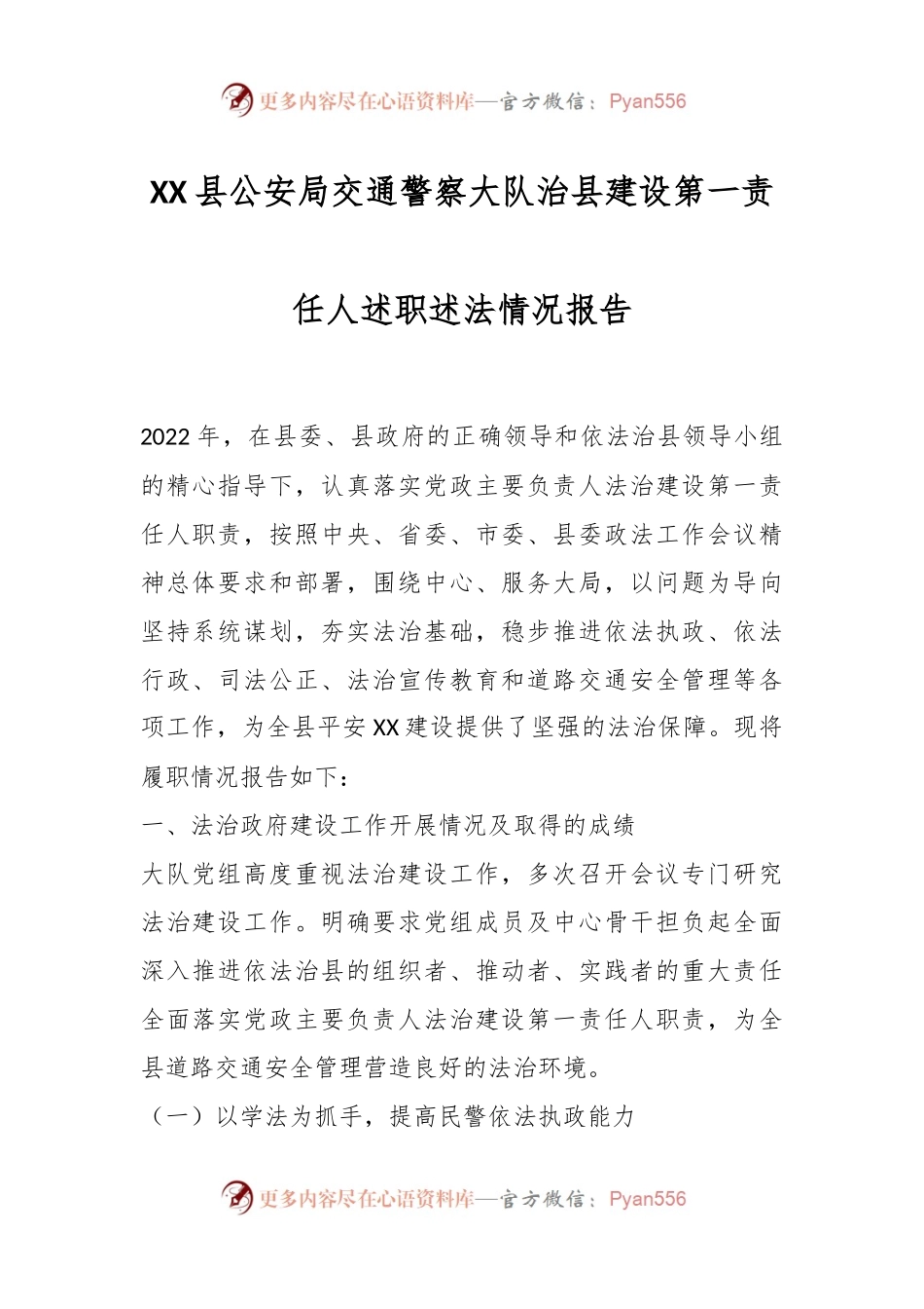 XX县公安局交通警察大队治县建设第一责任人述职述法情况报告.docx_第1页