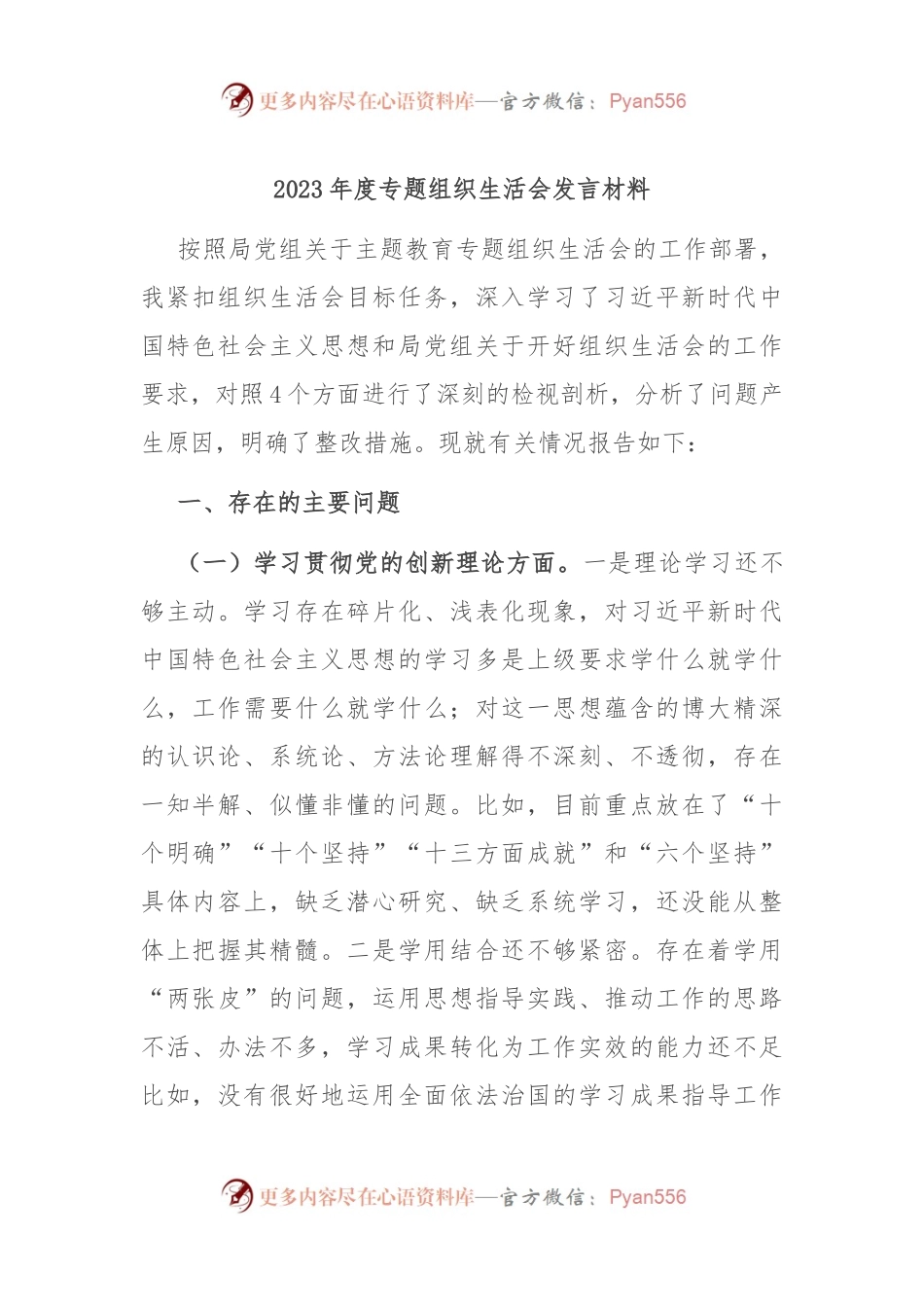 2023年度专题组织生活会发言稿材料.docx_第1页