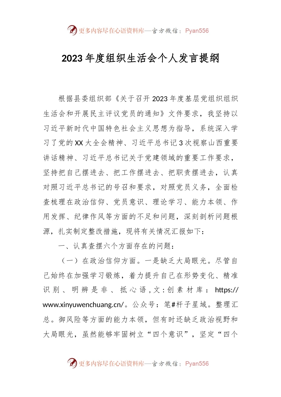 2023年度组织生活会个人发言稿提纲.docx_第1页