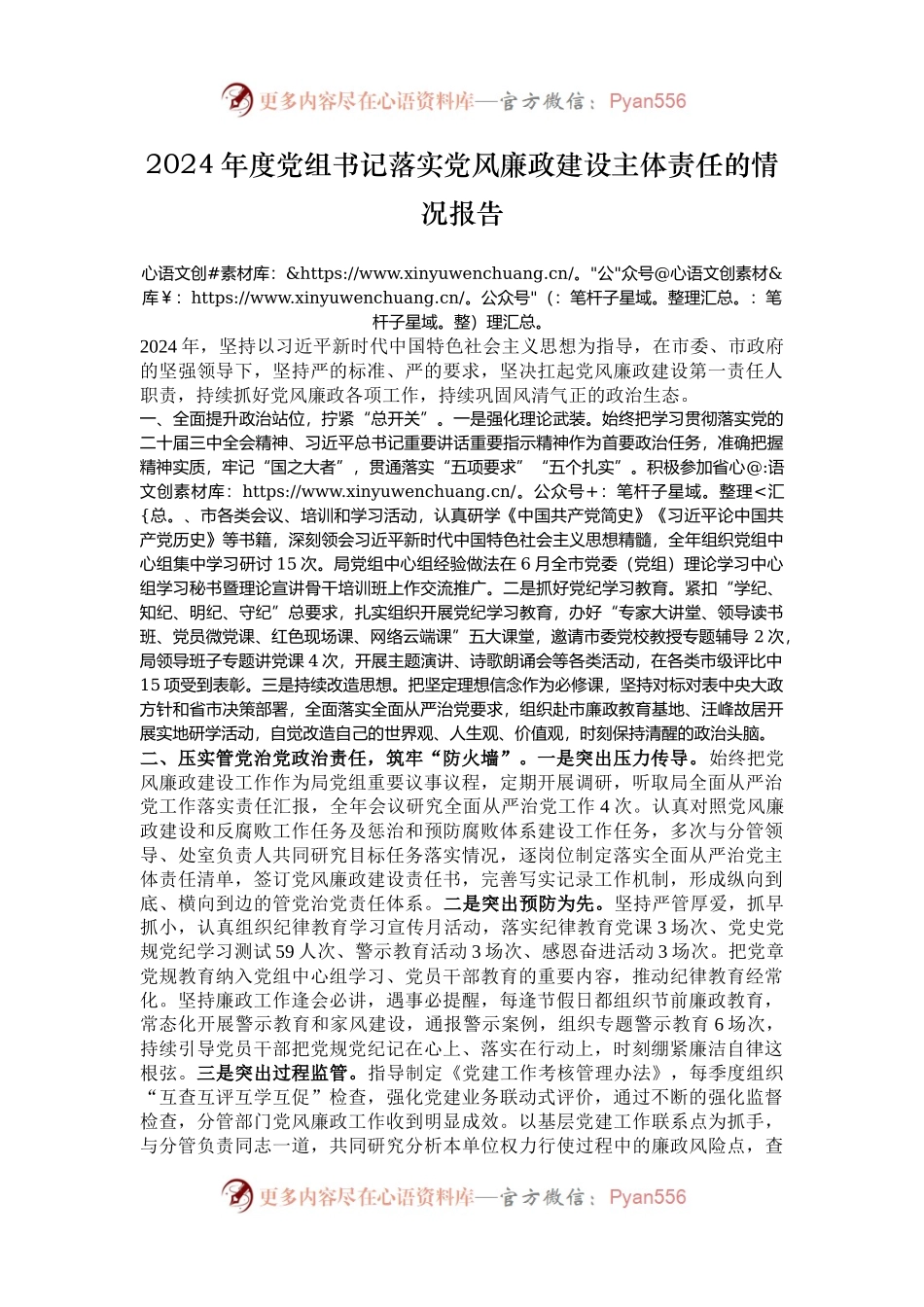 2024年度党组书记落实党风廉政建设主体责任的情况报告.docx_第1页