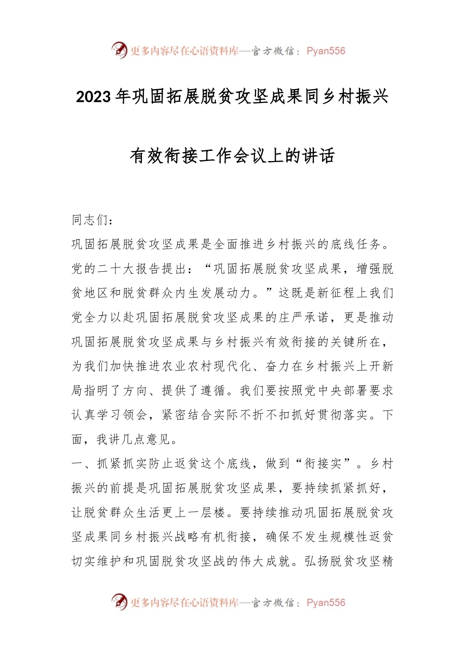 2023年巩固拓展脱贫攻坚成果同乡村振兴有效衔接工作会议上的讲话.docx_第1页