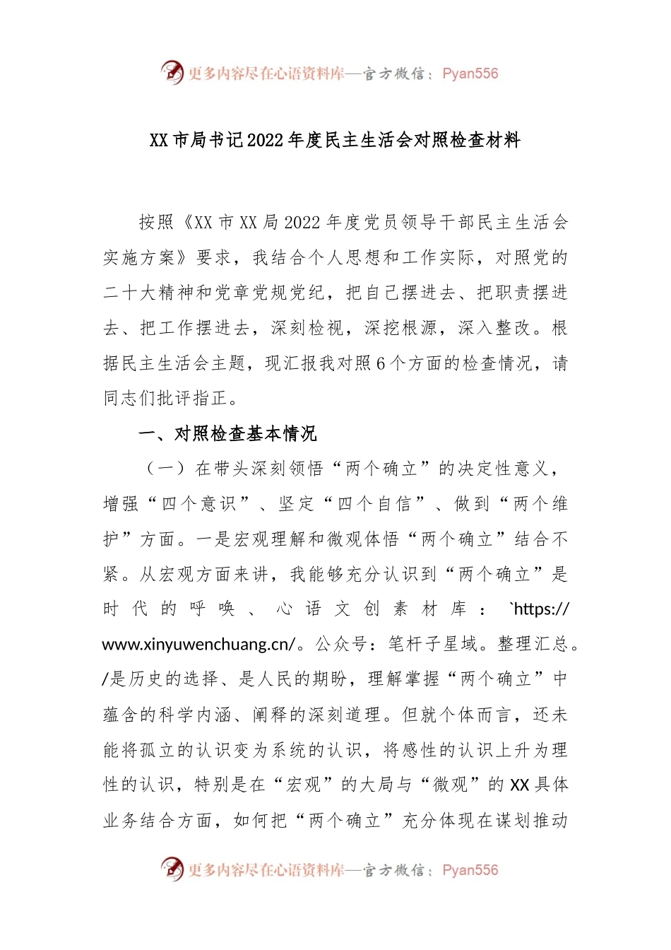 XX市局书记2022年度民主生活会对照检查材料.docx_第1页