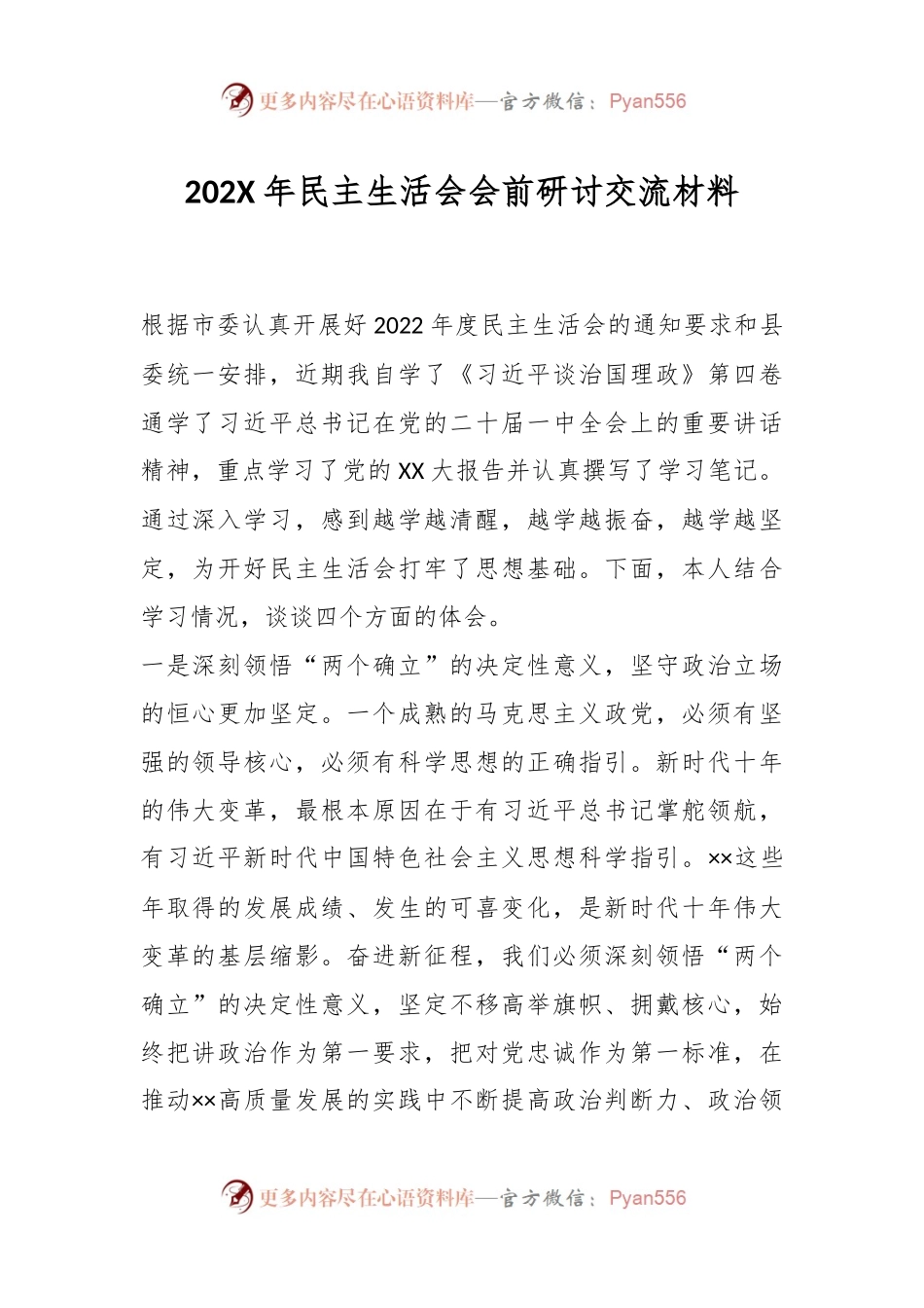 202X年民主生活会会前研讨交流材料.docx_第1页