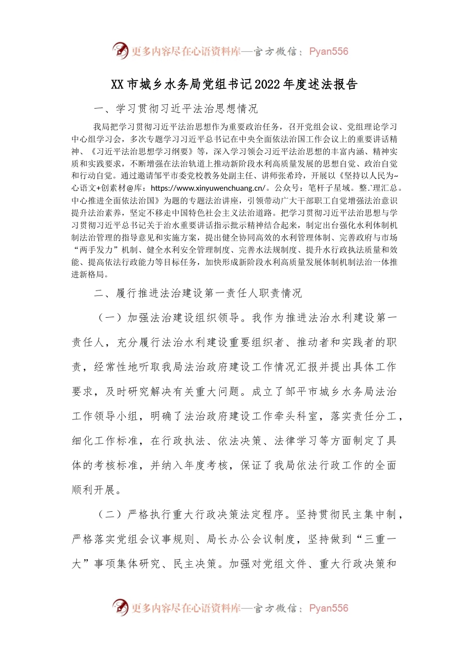 XX市城乡水务局党组书记2022年度述法报告.docx_第1页