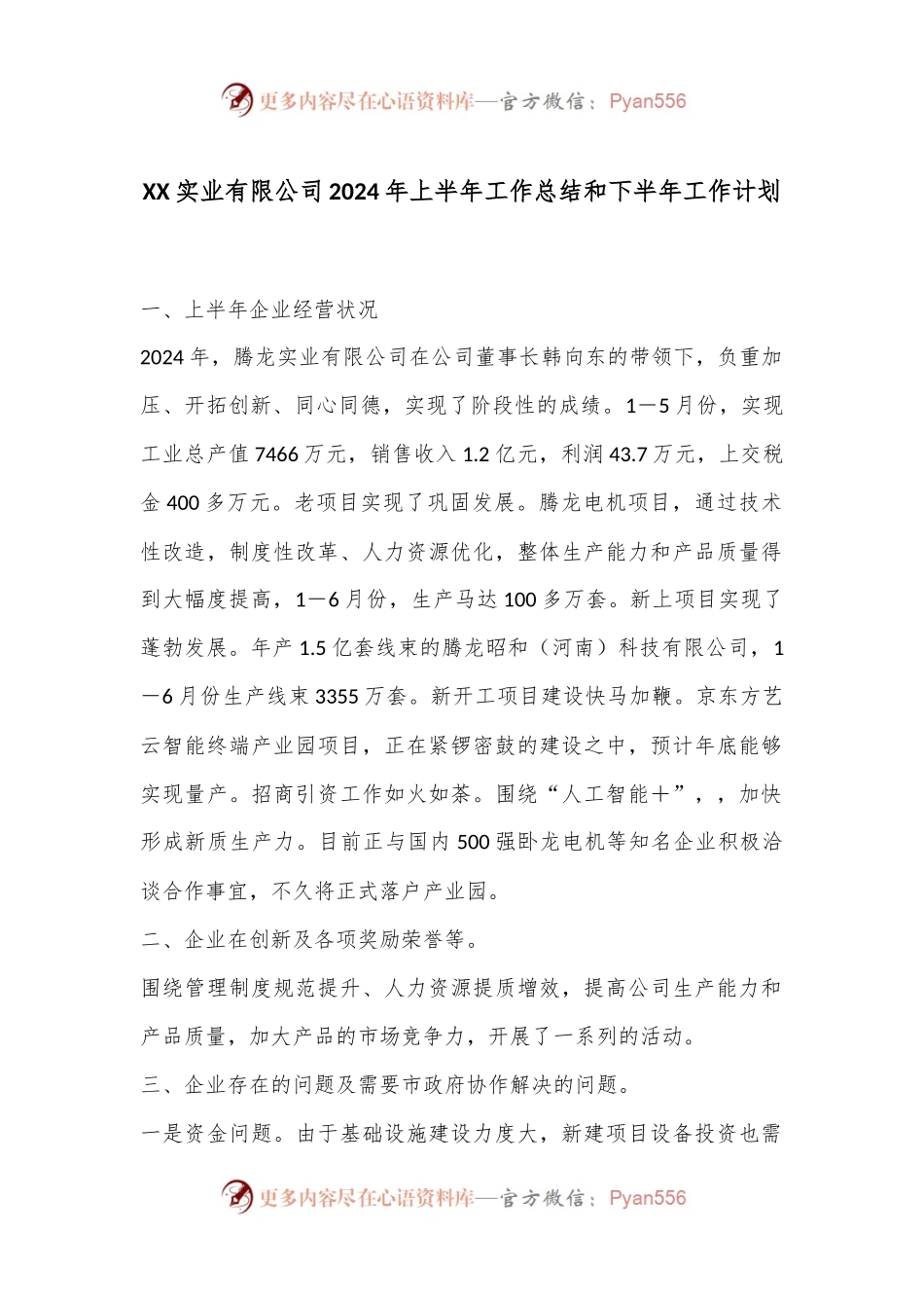 XX实业有限公司2024年上半年工作总结和下半年工作计划.docx_第1页