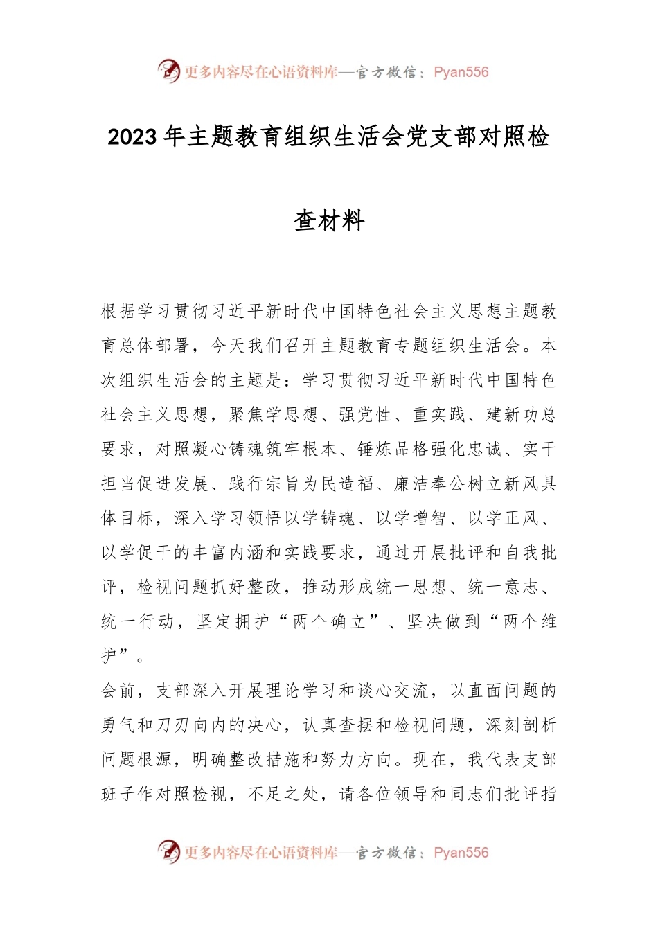 2023年的主题教育组织生活会党支部对照检查材料.docx_第1页