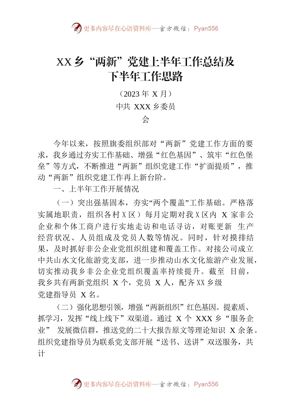XX乡“两新”党建上半年工作总结及下半年工作思路.docx_第1页
