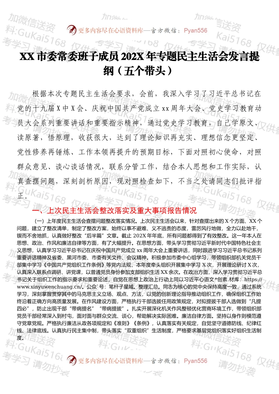 XX市委常委班子成员202X年专题民主生活会发言提纲（五个带头）.docx_第1页