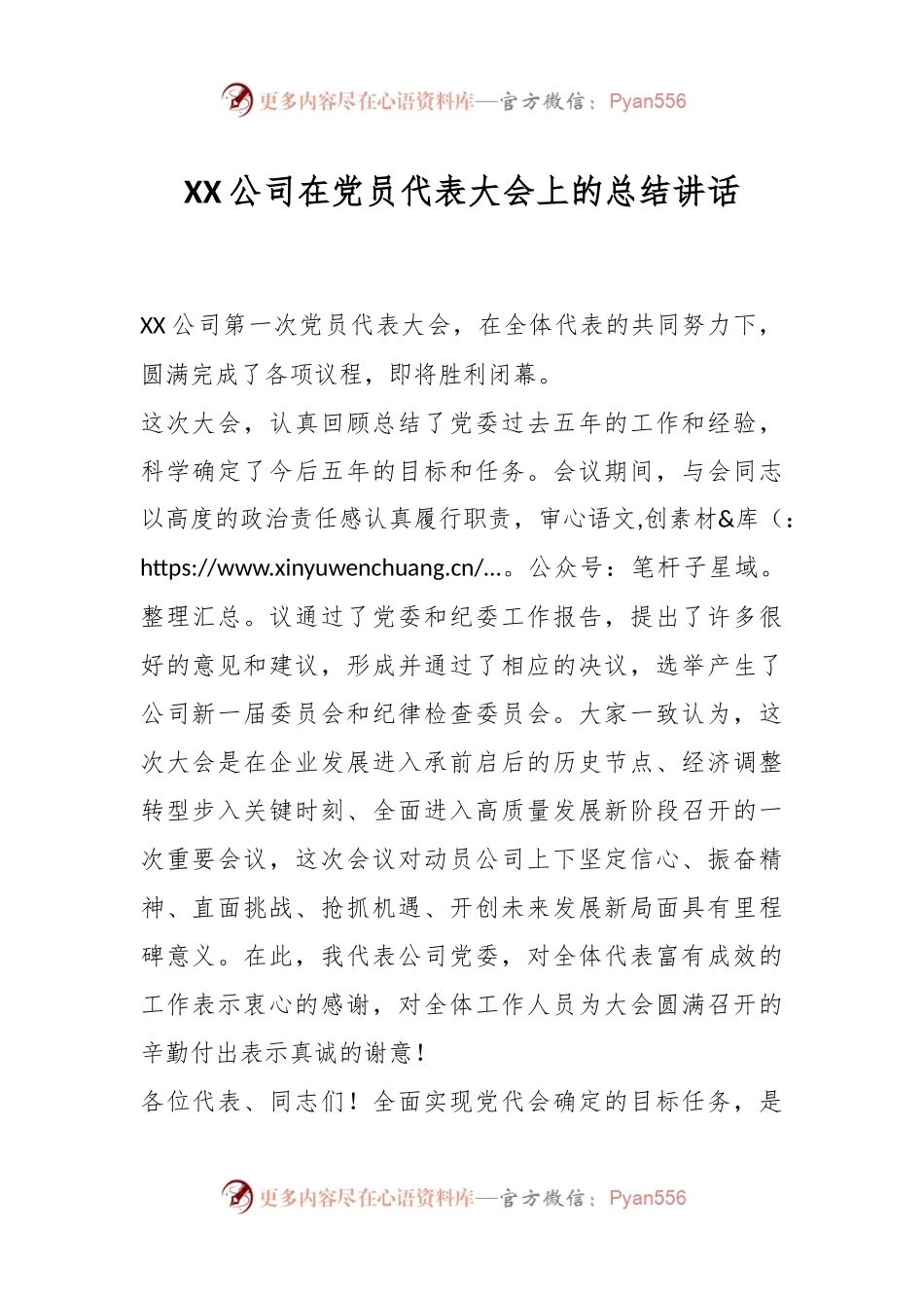 XX公司在党员代表大会上的总结讲话.docx_第1页