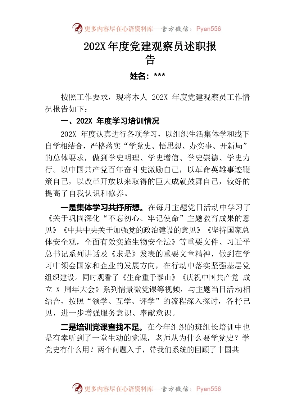 202X年度党建观察员述职报告.docx_第1页