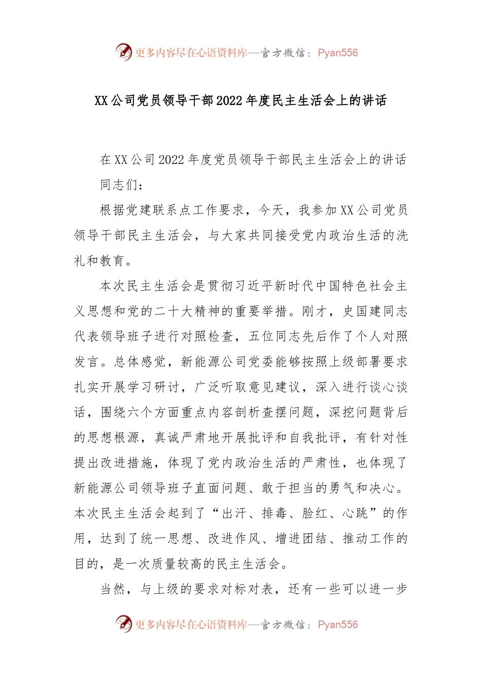 XX公司党员领导干部2022年度民主生活会上的讲话.docx_第1页